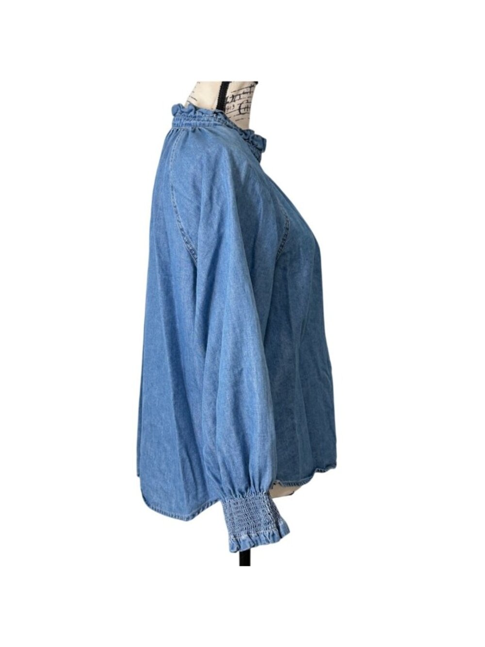 Veronica Beard Womens Size L Calisto Chambray Top Ruffle-Neck Button-Up Blue - Picture 2 of 9